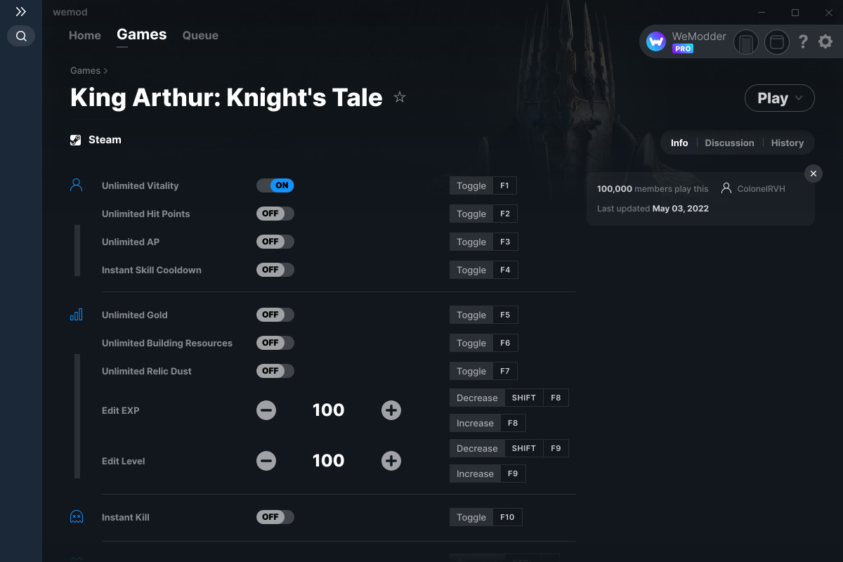 King Arthur Knight's Tale Trainers (May 2022): Infinite Gold & Vitality, No Skill Cooldown, etc