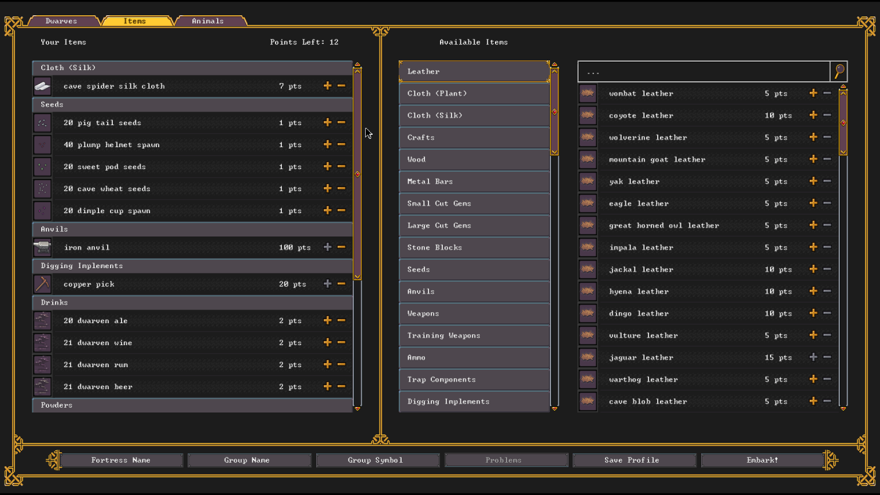 Dwarf Fortress Dwarven Lord Venture party (Embark Profile)